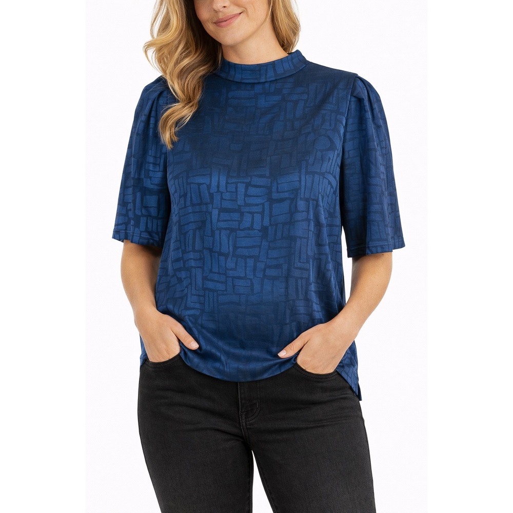 Calvin Klein Teal Blue Geometric Jacquard Short Sleeve Blouse‎ High Neck Top